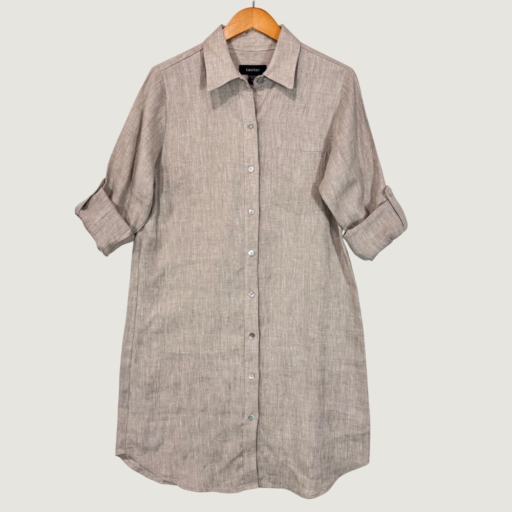 Karen Kane Shirt Dress Womens Small Tan Linen Button Down Roll Tab Sleeve Casual